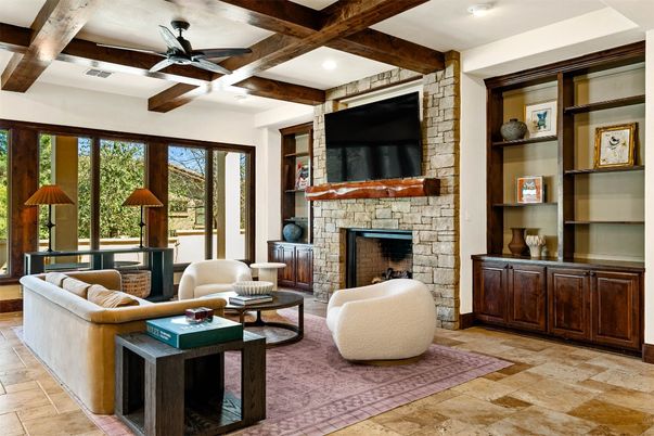 Fireplace, Interior, Living room, Recessed Lighting, Wooden Beams