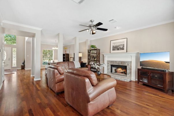 Fireplace, Interior, Living room, Pendant Lights, Wood Texture Flooring