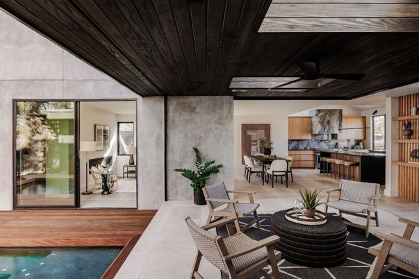 Dining room, Interior, Pool, Wooden Ceilings