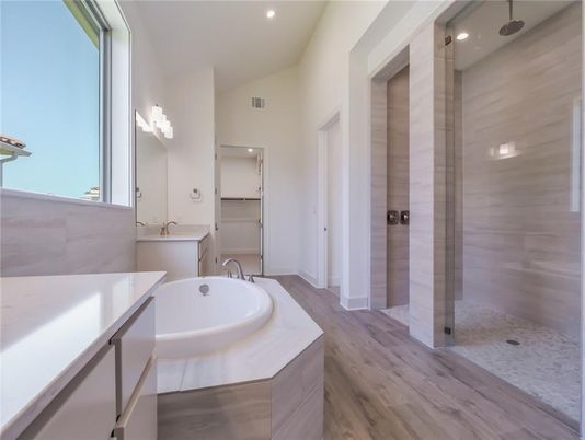 Bathroom, Glass Shower, Interior, Recessed Lighting, Wood Texture Flooring