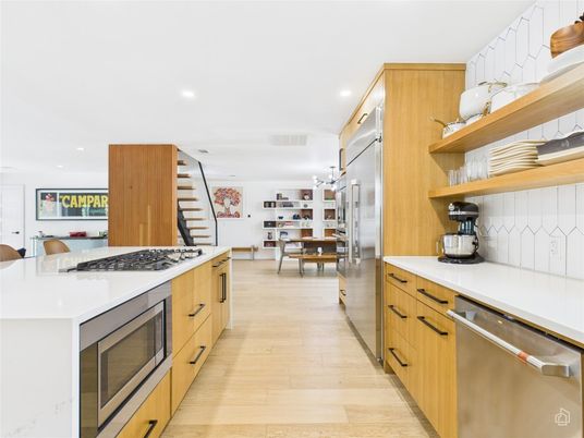 Dining room, Interior, Kitchen, Pendant Lights, Recessed Lighting, Stainless Steel Appliances, Wood Texture Flooring