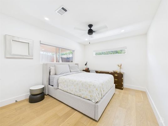 Bedroom, Interior, Recessed Lighting, Wood Texture Flooring