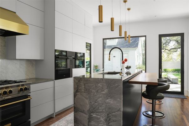 Interior, Kitchen, Marble Walls, Pendant Lights, Stainless Steel Appliances, Wood Texture Flooring