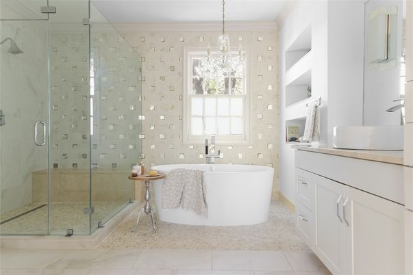 Bathroom, Chandelier, Free Standing Baths, Glass Shower, Interior, Marble, Marble Walls