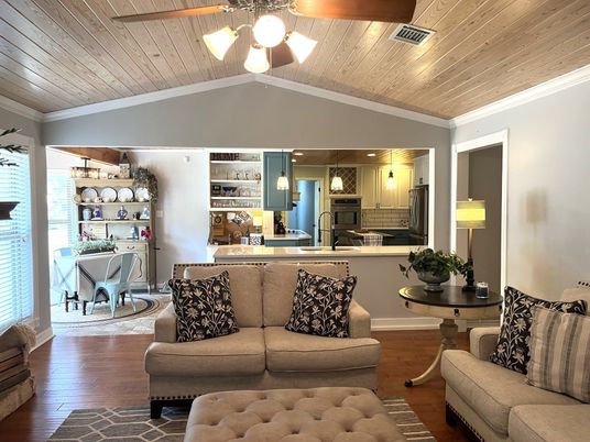 Dining room, Interior, Kitchen, Living room, Pendant Lights, Wooden Ceilings, Wood Texture Flooring