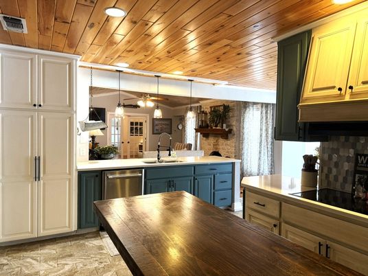 Interior, Kitchen, Pendant Lights, Stainless Steel Appliances, Wooden Ceilings