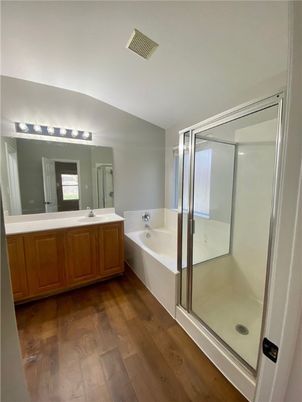 Bathroom, Glass Shower, Interior, Wood Texture Flooring