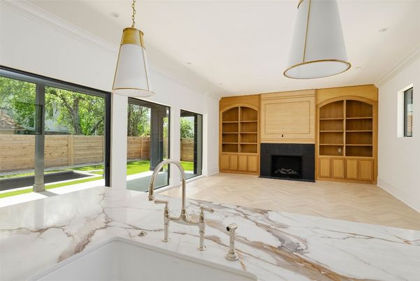 Fireplace, Interior, Pendant Lights, Recessed Lighting, Wood Texture Flooring