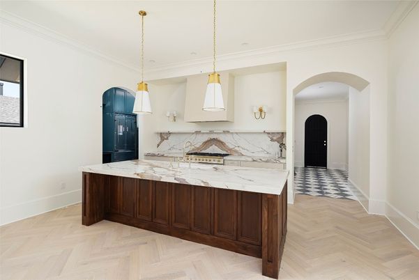 Interior, Kitchen, Marble Walls, Pendant Lights, Wood Texture Flooring