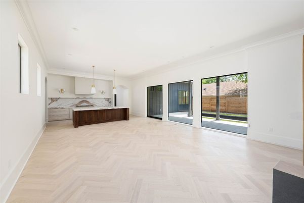 Interior, Kitchen, Marble Walls, Pendant Lights, Recessed Lighting, Wood Texture Flooring