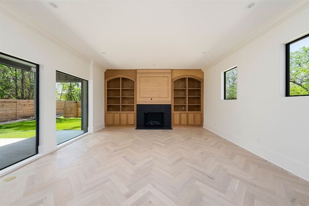 Empty room, Fireplace, Interior, Recessed Lighting, Wood Texture Flooring
