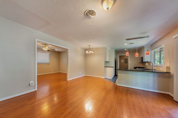 Chandelier, Empty room, Interior, Kitchen, Pendant Lights, Wood Texture Flooring