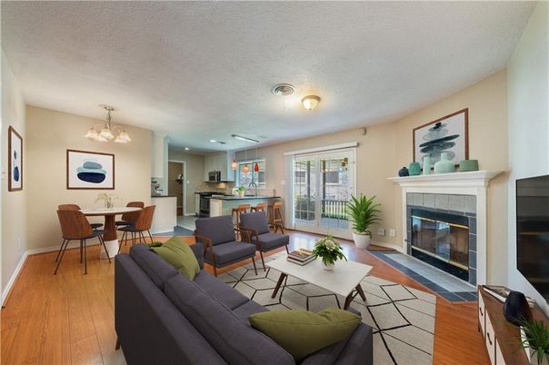Dining room, Fireplace, Interior, Kitchen, Living room, Pendant Lights, Recessed Lighting, Wood Texture Flooring