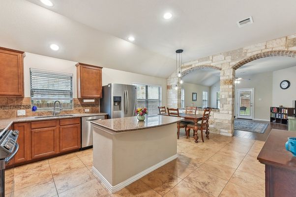 Dining room, Interior, Kitchen, Pendant Lights, Recessed Lighting, Stainless Steel Appliances, Stone Walls