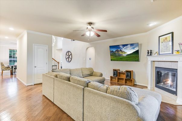 Fireplace, Interior, Living room, Recessed Lighting, Wood Texture Flooring
