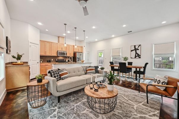 Dining room, Interior, Kitchen, Living room, Pendant Lights, Recessed Lighting, Stainless Steel Appliances, Wood Texture Flooring