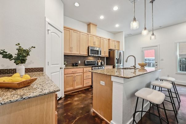 Interior, Kitchen, Pendant Lights, Recessed Lighting, Stainless Steel Appliances, Wood Texture Flooring