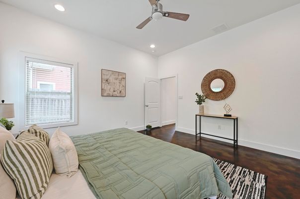 Bedroom, Interior, Recessed Lighting, Wood Texture Flooring