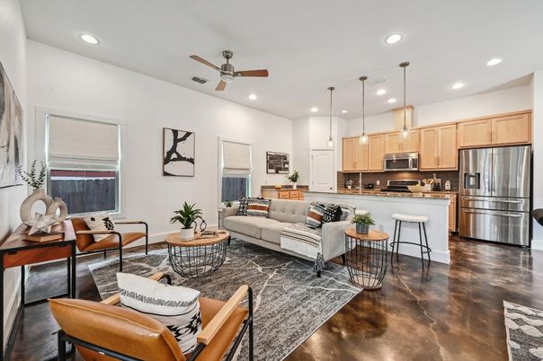 Fireplace, Interior, Kitchen, Living room, Pendant Lights, Recessed Lighting, Stainless Steel Appliances, Wood Texture Flooring