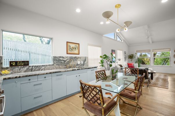Dining room, Interior, Pendant Lights, Recessed Lighting, Wood Texture Flooring