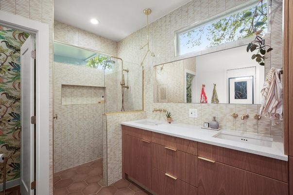 Bathroom, Dual Sink Vanities, Glass Shower, Interior, Pendant Lights, Recessed Lighting