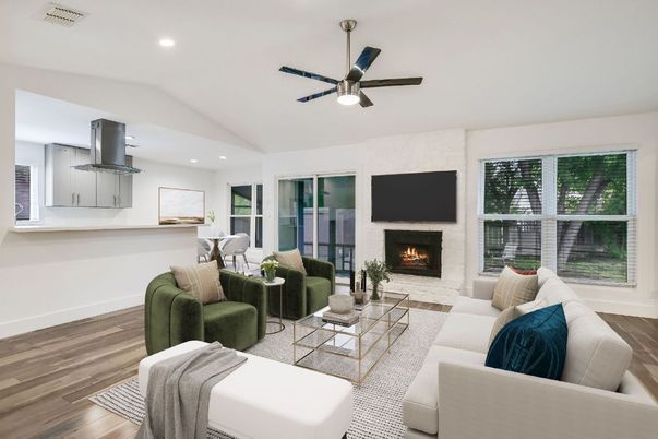 Dining room, Fireplace, Interior, Living room, Recessed Lighting, Wood Texture Flooring