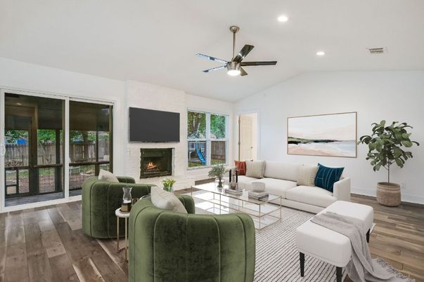 Fireplace, Interior, Living room, Recessed Lighting, Wood Texture Flooring