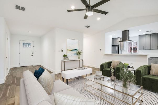 Interior, Kitchen, Living room, Recessed Lighting, Stainless Steel Appliances, Wood Texture Flooring
