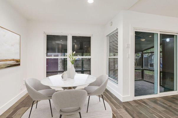 Dining room, Interior, Recessed Lighting, Wood Texture Flooring