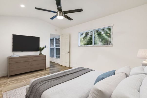 Bedroom, Interior, Recessed Lighting, Wood Texture Flooring