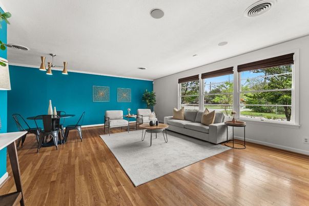 Dining room, Interior, Living room, Pendant Lights, Wood Texture Flooring