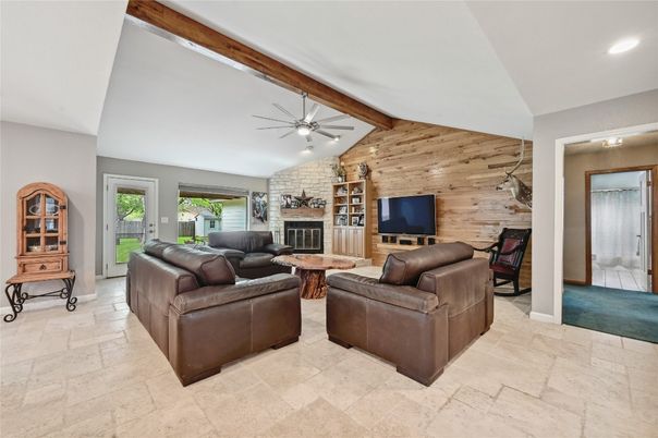 Fireplace, Interior, Living room, Recessed Lighting, Stone Walls, Wooden Walls