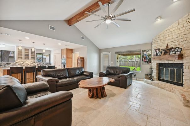 Fireplace, Interior, Kitchen, Living room, Pendant Lights, Recessed Lighting, Stone Walls, Wooden Beams