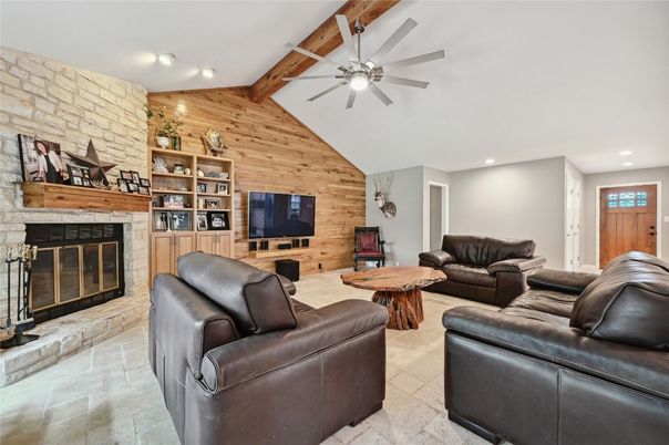 Fireplace, Interior, Living room, Recessed Lighting, Stone Walls, Wooden Beams, Wooden Walls