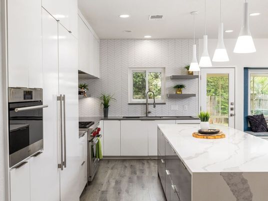 Interior, Kitchen, Pendant Lights, Recessed Lighting, Stainless Steel Appliances, Wood Texture Flooring