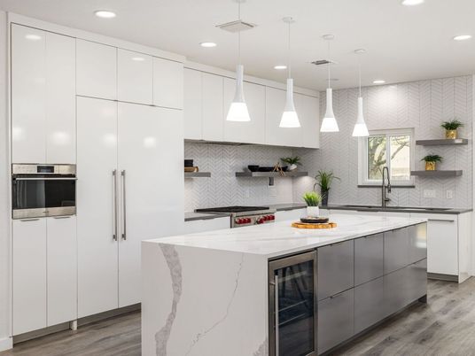 Interior, Kitchen, Pendant Lights, Recessed Lighting, Stainless Steel Appliances, Wood Texture Flooring