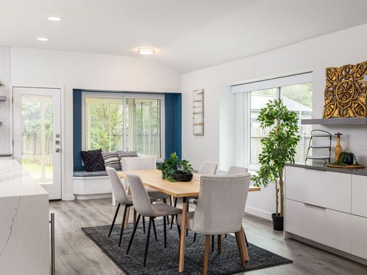 Dining room, Interior, Recessed Lighting, Wood Texture Flooring