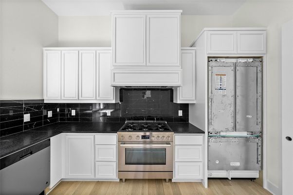Interior, Kitchen, Marble Walls, Stainless Steel Appliances, Wood Texture Flooring