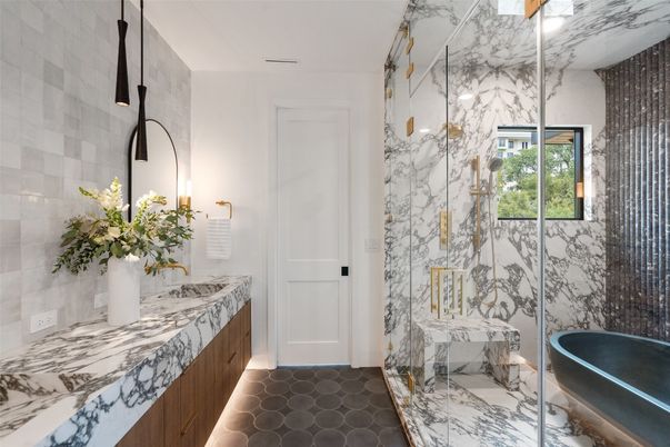 Bathroom, Free Standing Baths, Glass Shower, Interior, Marble Walls