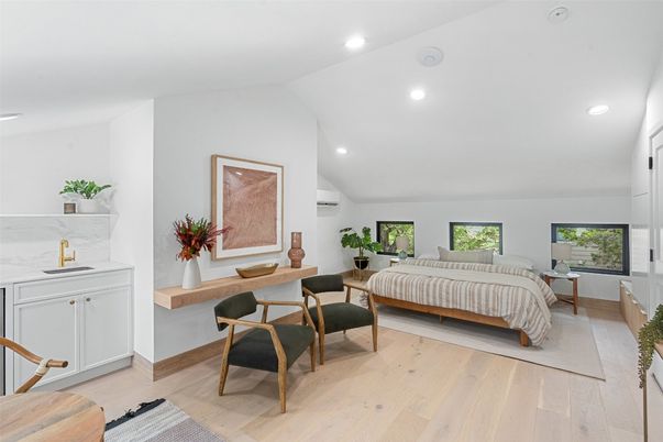 Bedroom, Interior, Recessed Lighting, Wood Texture Flooring