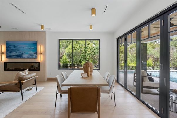 Dining room, Fireplace, Interior, Wood Texture Flooring