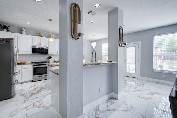 Interior, Kitchen, Marble, Pendant Lights, Recessed Lighting, Stainless Steel Appliances