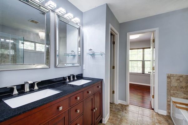 Bathroom, Dual Sink Vanities, Glass Shower, Interior, Wood Texture Flooring