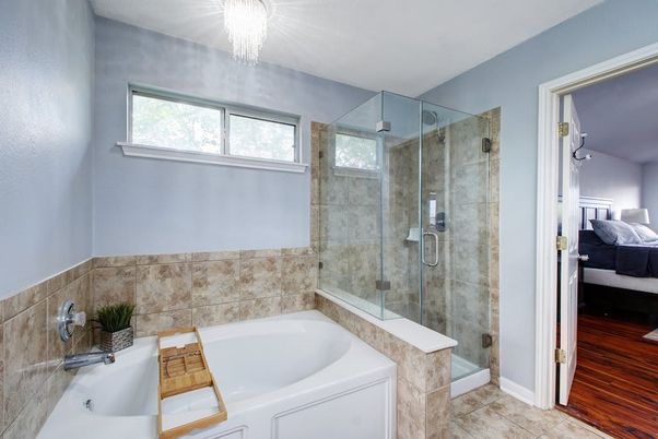 Bathroom, Bedroom, Glass Shower, Interior, Wood Texture Flooring