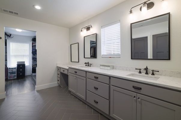 Bathroom, Dual Sink Vanities, Interior, Recessed Lighting, Wood Texture Flooring