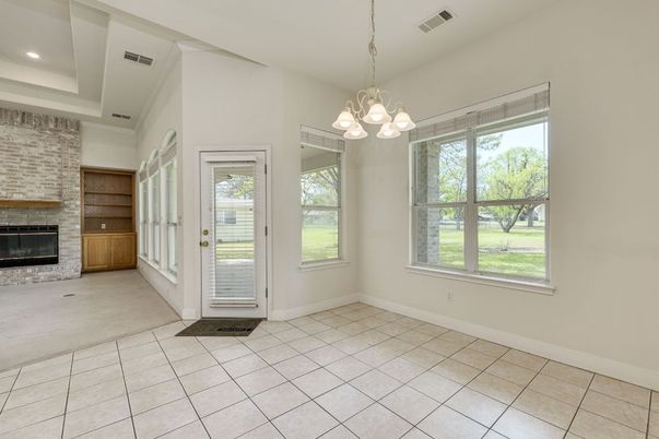 Empty room, Fireplace, Interior, Pendant Lights, Recessed Lighting, Stone Walls