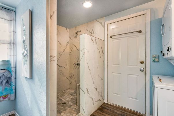 Bathroom, Interior, Marble Walls, Recessed Lighting, Wood Texture Flooring