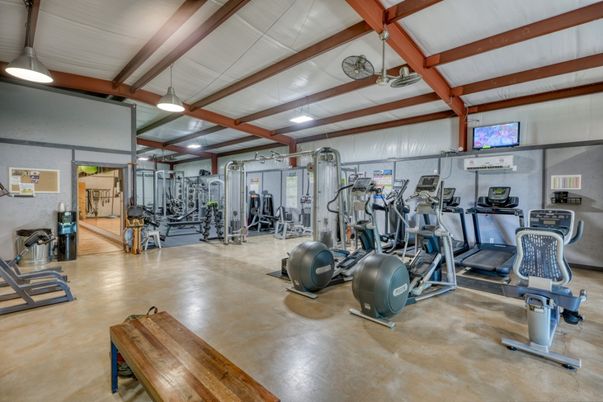 Fitness Equipment, Gym, Interior, Pendant Lights, Wooden Beams