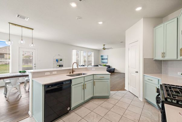 Dining room, Interior, Kitchen, Pendant Lights, Recessed Lighting, Wood Texture Flooring