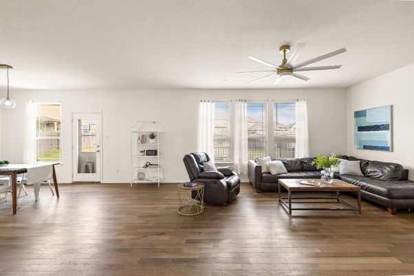 Dining room, Interior, Living room, Pendant Lights, Wood Texture Flooring